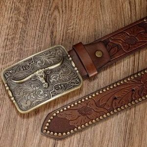 New PU Leather longhorn steer bull 47" belt &  buckle set